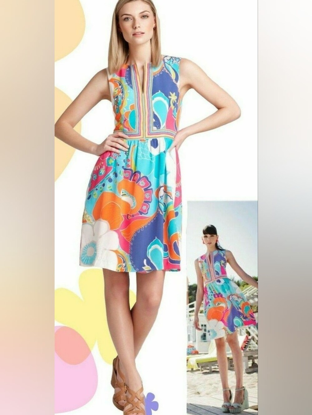 Trina Turk 100% Silk Vibrant Floral Split-Neck Mini Dress Size 6 - Picture 8 of 11
